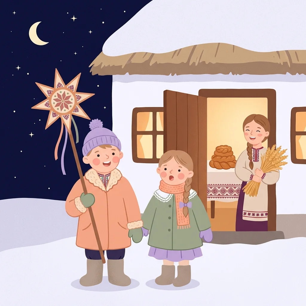 Хлопчик і сестричка з колядною зіркою колядують біля хати, господиня з колосками стоїть у дверях, на столі калач