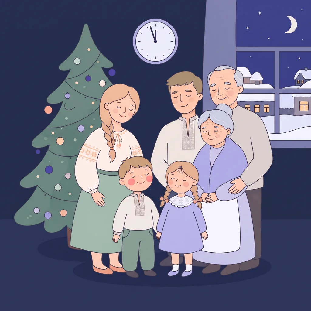 Родина стоїть біля ялинки й загадує бажання, годинник на стіні показує майже дванадцяту
